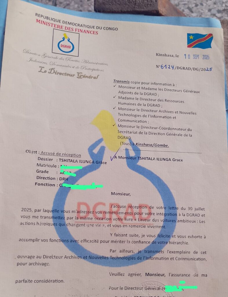 Lettre officielle archivage livre laveur de voitures ambitieux à la  DGRAD RDC